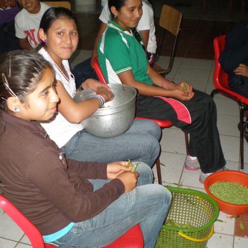 Jungs und Mädels beim Erbsen schälen
